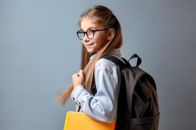 A young girl with glasses and a backpack smiles posing for a photo