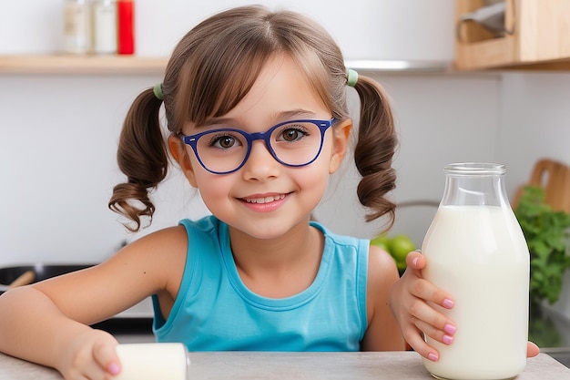 Young girl with glasses of milk in the kitchen