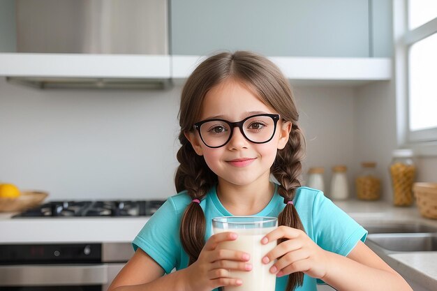 Young girl with glasses of milk in the kitchen