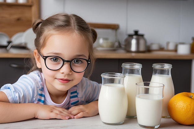 Young girl with glasses of milk in the kitchen