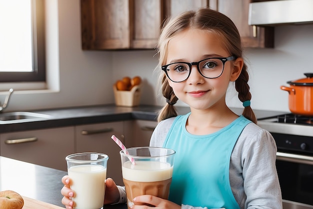 Young girl with glasses of milk in the kitchen