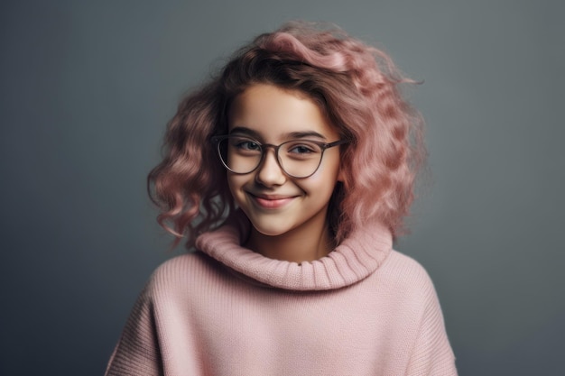 A young girl with glasses and a pink sweater