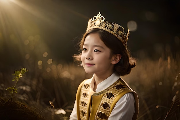 A young girl with a golden crown sits in a field and looks sideways