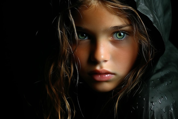 a young girl with green eyes in the rain