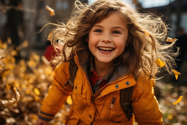 Young girl with hair in braids playing in the leaves