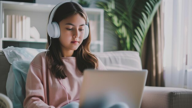 Photo young girl with headphones intently working on her laptop in a cozy home environment exemplifying focused study or remote work