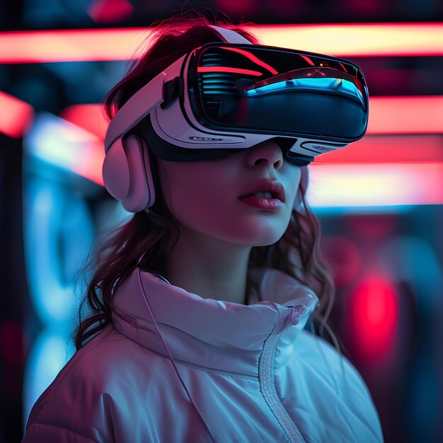 Young girl with headphones wearing a virtual reality headset in front of black background