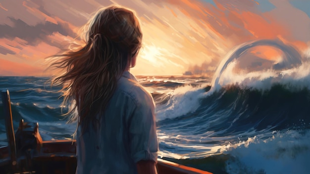 Молодая девушка с спиной к морю на закате крупный план Романтический образ жизни путешествие в экзотические страны ИИ