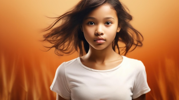 A young girl with her hair blowing in the wind