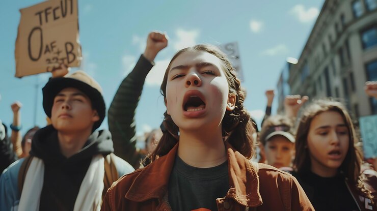 Photo 青い空に対する抗議で口を開けた若い女の子