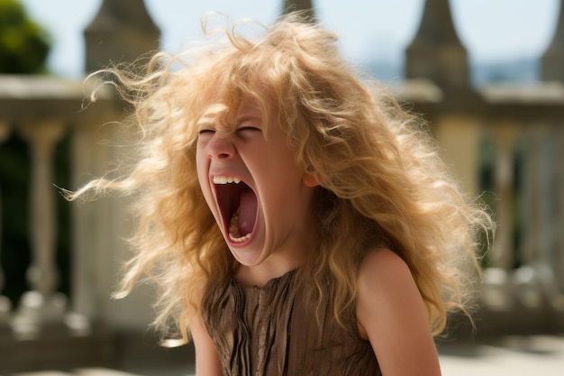 a young girl with her mouth open on the street