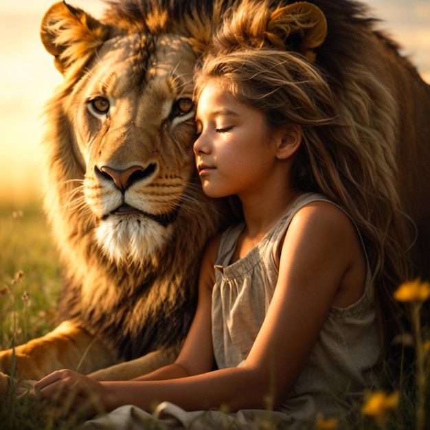 молодая девушка с ее дикой лучшей подругой львом