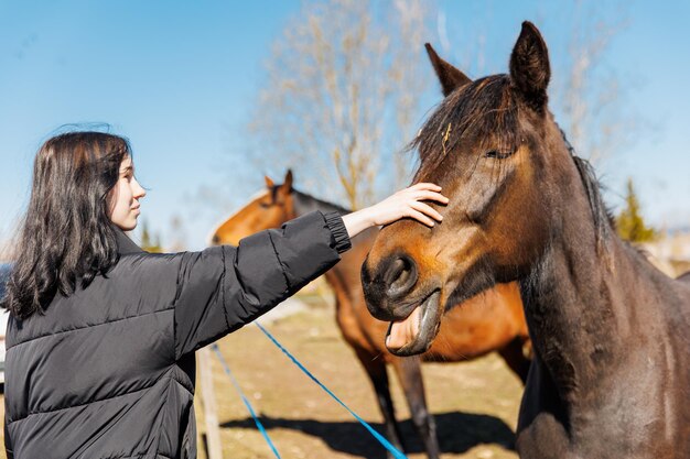 牧場で馬を持つ少女