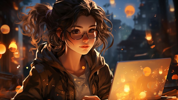 Photo a young girl with a laptop at the night high quality photo