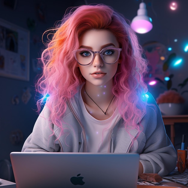 Молодая девушка с розовыми волосами ноутбука горячо выглядит