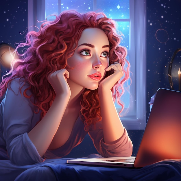 A young girl with laptop pink hair hot looks