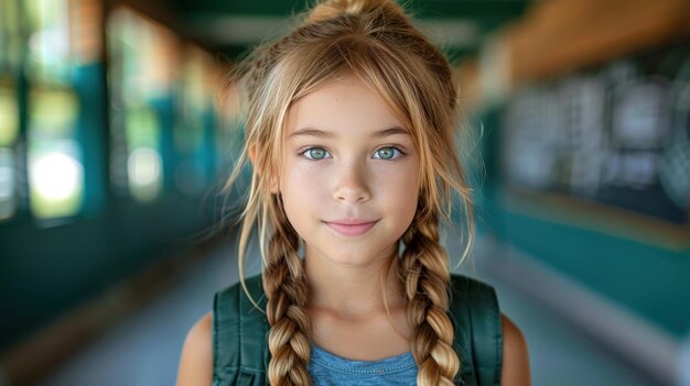A young girl with long braids standing in a hallway