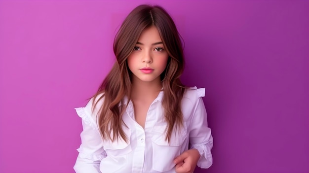 A young girl with long brown hair and a white shirt stands against a purple background.