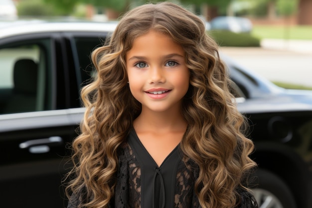 a young girl with long curly hair standing in front of a black car