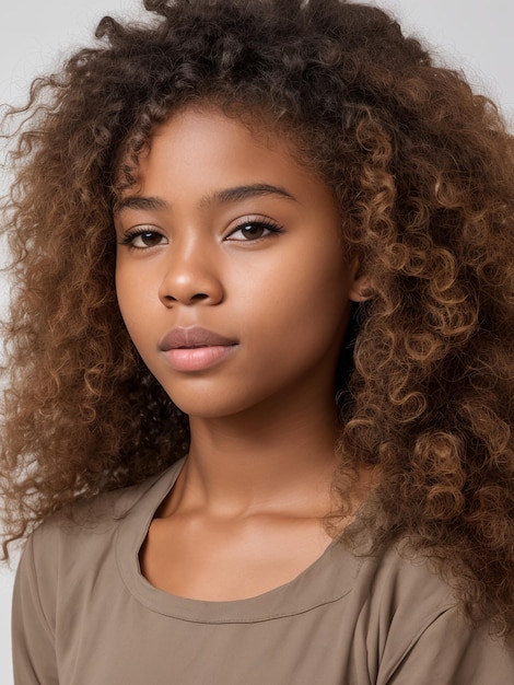 A young girl with long, curly hair stands in front of a white background.