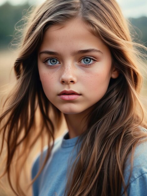 Photo young girl with long hair and blue eyes gazing upwards aigenerated