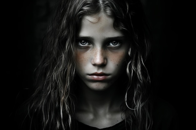 a young girl with long hair and blue eyes