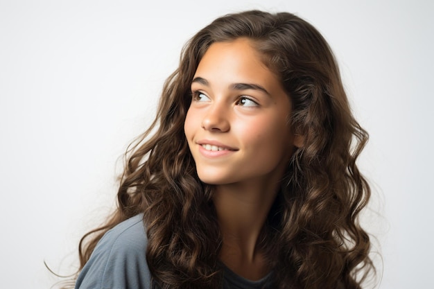 a young girl with long hair and a gray shirt
