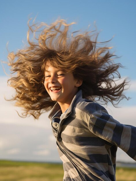 Photo a young girl with long hair is jumping in the air