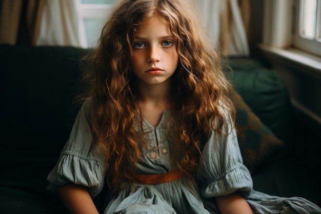 Photo a young girl with long hair sitting on a couch