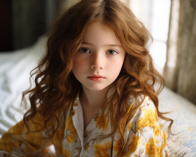 a young girl with long red hair sitting on a bed