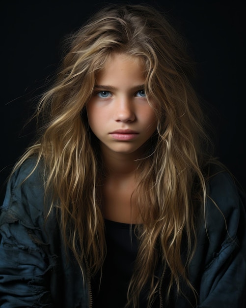 a young girl with long wavy hair on a black background