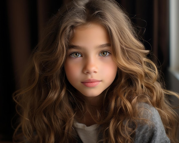 a young girl with long wavy hair and blue eyes