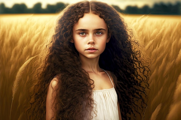 Young girl with luxurious long curly hair in the back on background of field