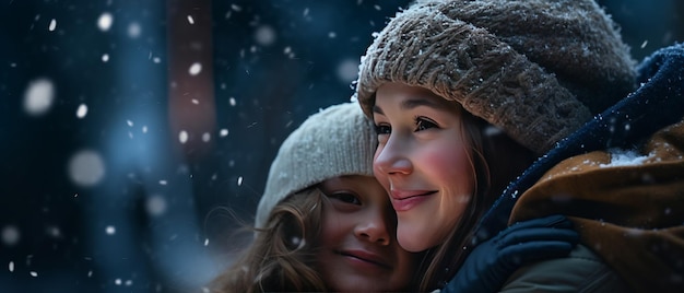 A young girl with mom watches in wonder at the first snowfall of the season