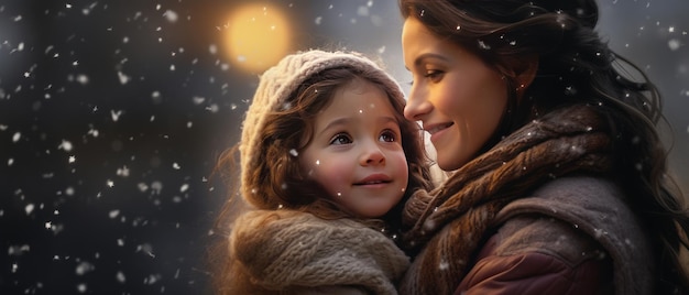 A young girl with mom watches in wonder at the first snowfall of the season