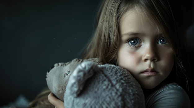 A young girl with a pained expression holding onto a stuffed animal for comfort in a dark room