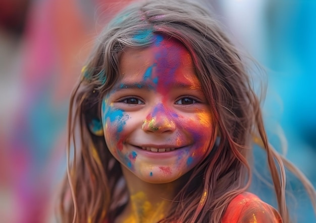 A young girl with a painted face smiles for the camera.