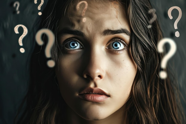 호기심 을 묘사 하는 떠다니는 질문표 로 둘러싸인 파란 눈 을 가진 어린 소녀