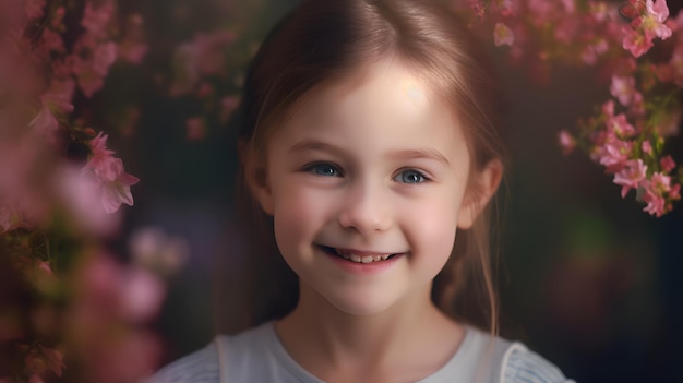 A young girl with a pink flower behind her