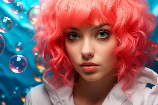 텍스트를 위한 공간이 있는 분홍색 머리 클로즈업 초상화를 가진 어린 소녀