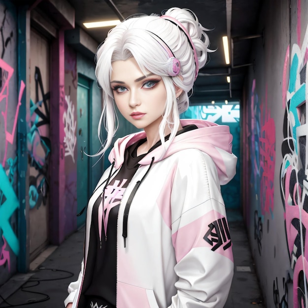 young girl with a pink hoodie with graffiti in wall