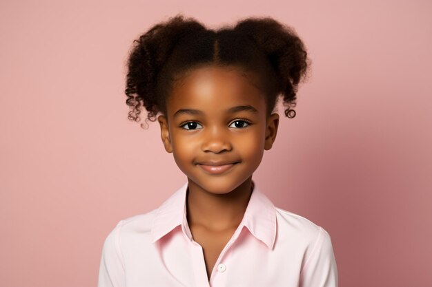 a young girl with a pink shirt and a pink background