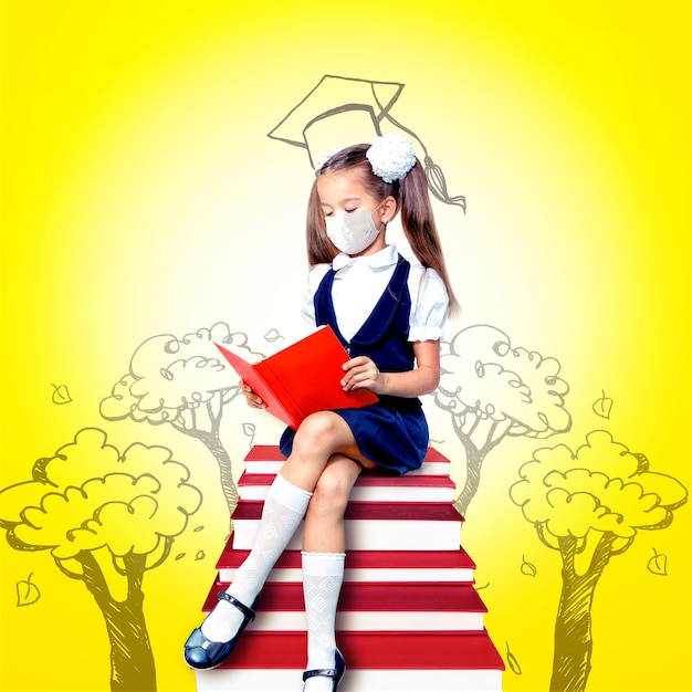 Young girl with protection mask against corona virus at school