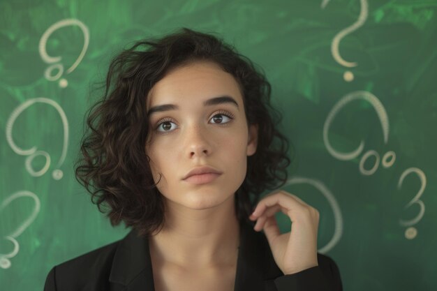 Young girl with question mark on a green background generative AI