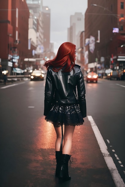 A young girl with red hair and a black leather jacket_