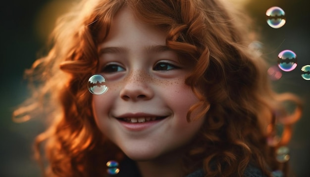 A young girl with red hair and freckles smiles at the camera.