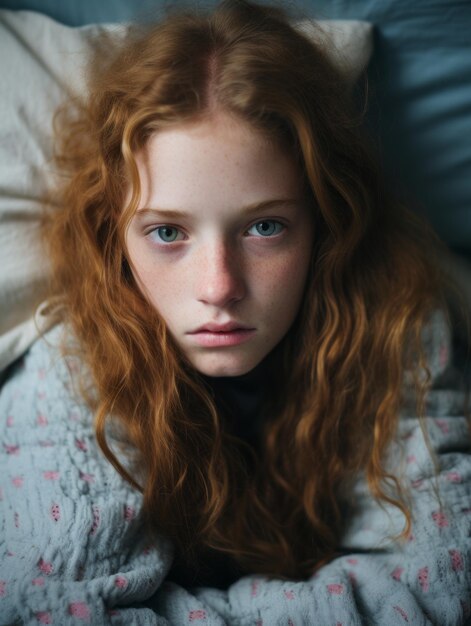 a young girl with red hair laying in bed