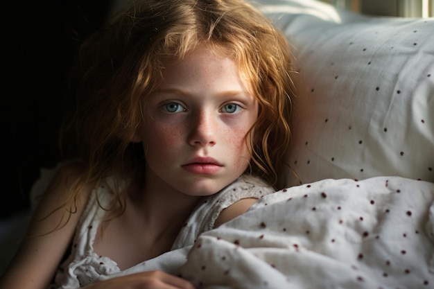 ベッドに座っている赤い髪の若い女の子