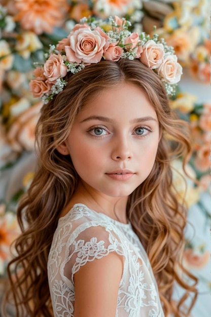 Young Girl with Rose Floral Crown in Blooming Garden