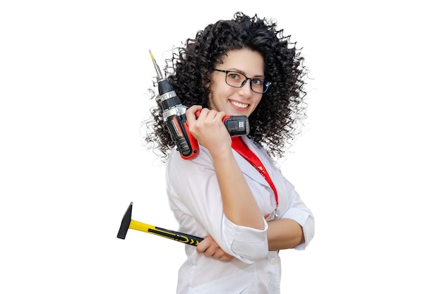 Young girl with screw gun and tools Ready for repair Isolated